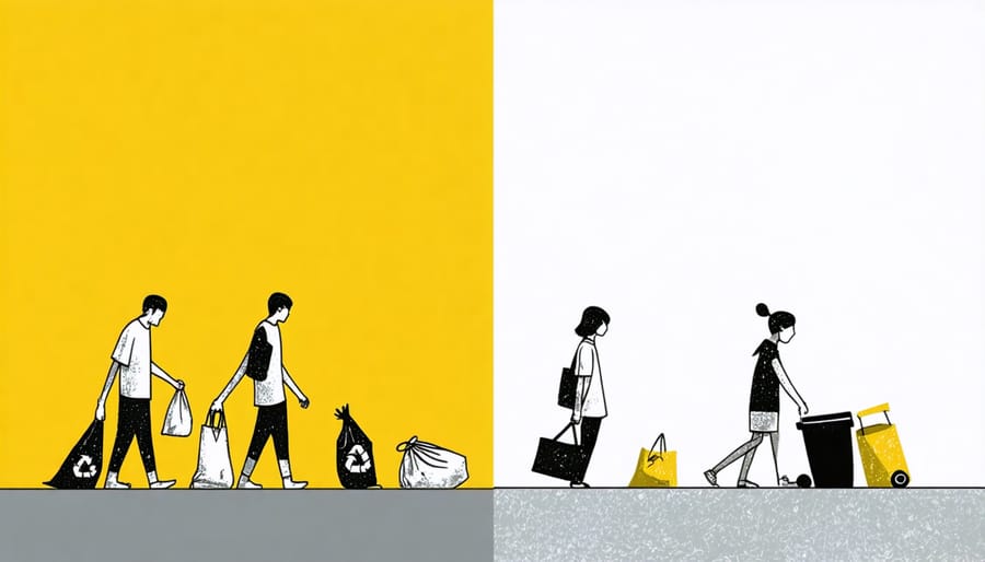 Side-by-side comparison of sustainable versus unsustainable social behaviors
