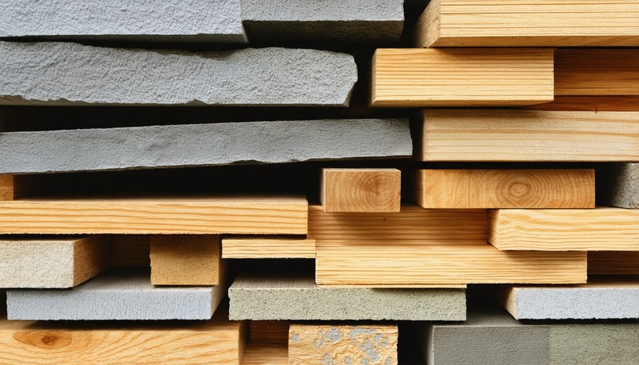 Display of sustainable construction materials including recycled wood, bamboo, and metal