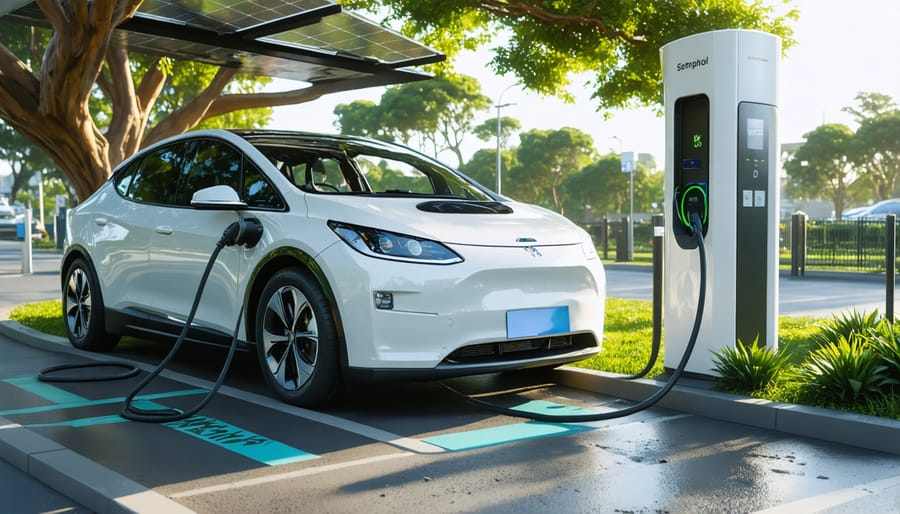 Electric car plugged into a charging station with solar panels visible in background