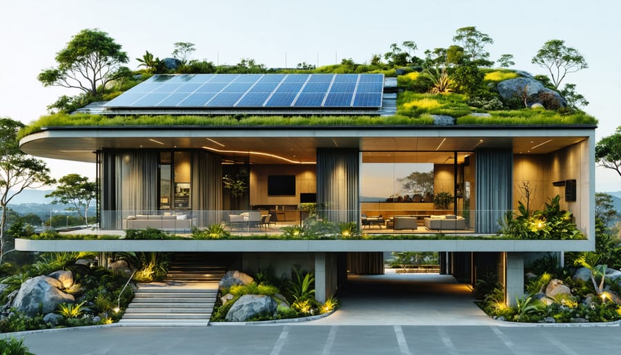 A modern sustainable building with solar panels and a green living roof, large windows for passive solar design, situated in an Australian landscape, symbolizing energy-efficient and eco-friendly construction.