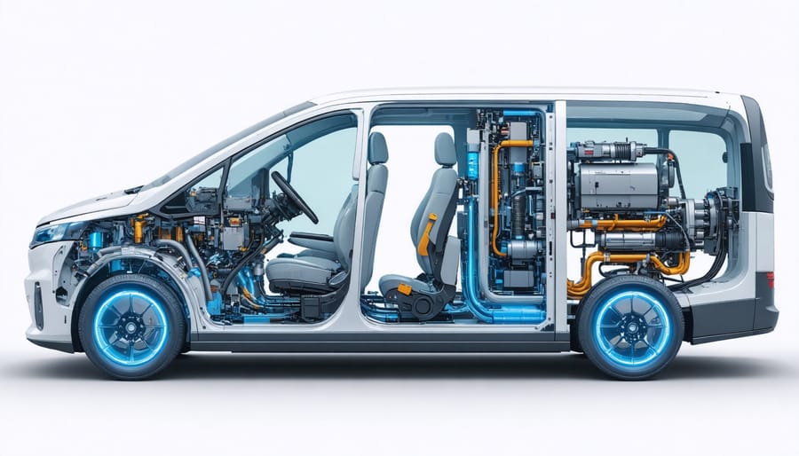 Technical illustration showing the internal components and operation of a hydrogen fuel cell vehicle