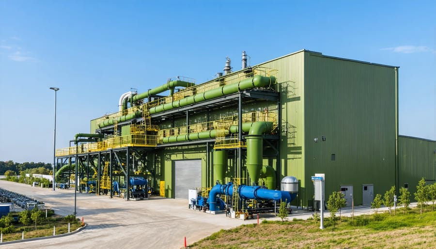 Indigenous workers operating advanced bioenergy processing equipment in a rural facility