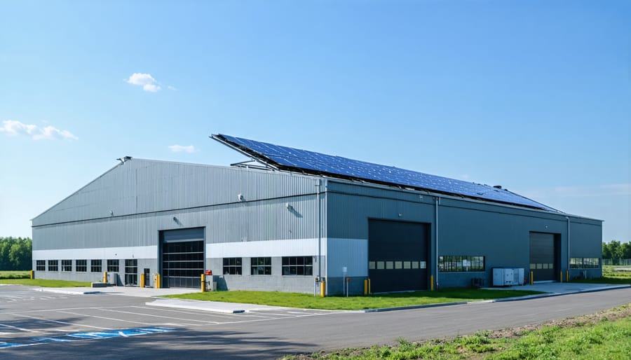 Commercial building with visible renewable energy installations and monitoring equipment