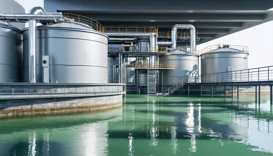 Modern water recycling plant with digital monitoring displays and filtration systems
