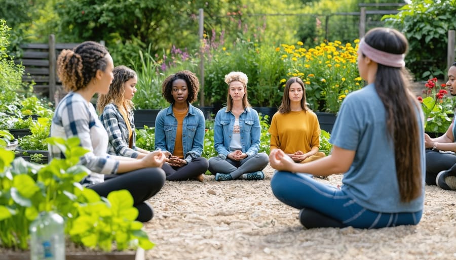Community members practicing mindfulness while gardening together