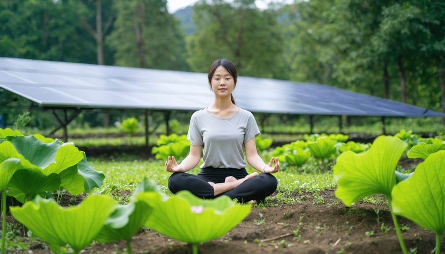 Meditation practitioner in nature connecting mindfulness with sustainable living