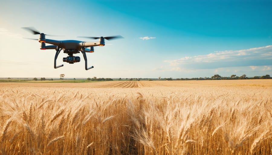 Agricultural drone performing GPS mapping over golden wheat fields