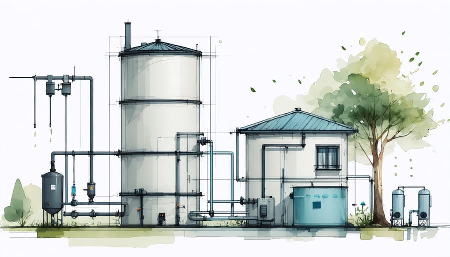 Diagram of rainwater collection system showing gutters, filters, and storage tanks