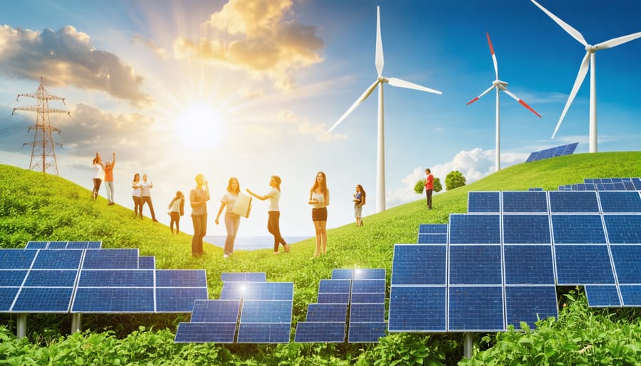 A vibrant collage showcasing solar panels, wind turbines, biomass, hydropower, and geothermal energy systems, symbolizing community involvement and sustainable innovation.