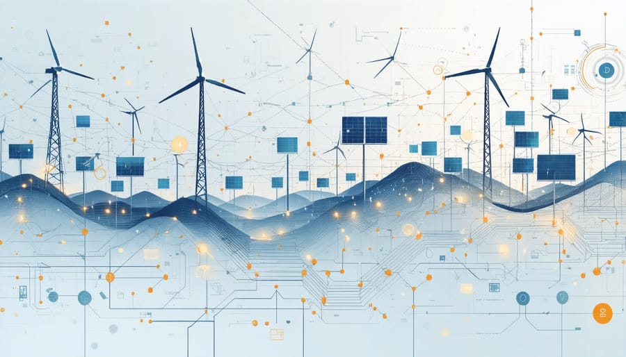 Diagram showing solar panels, wind turbines, and battery storage systems integrated with smart grid network