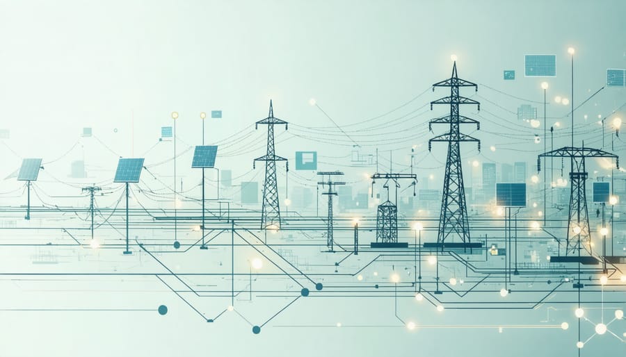 Digital illustration of smart grid infrastructure connecting solar panels, wind turbines, and power distribution systems