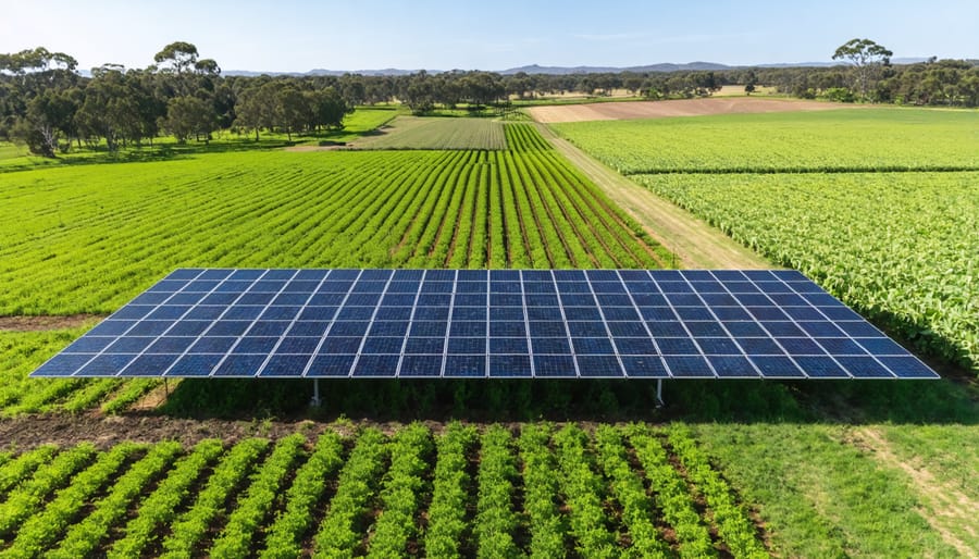 Drone shot of circular irrigation patterns on farmland with integrated solar array