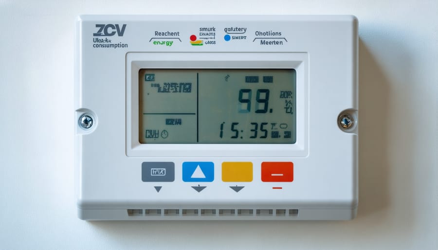 Digital smart meter interface displaying household energy consumption metrics and usage patterns