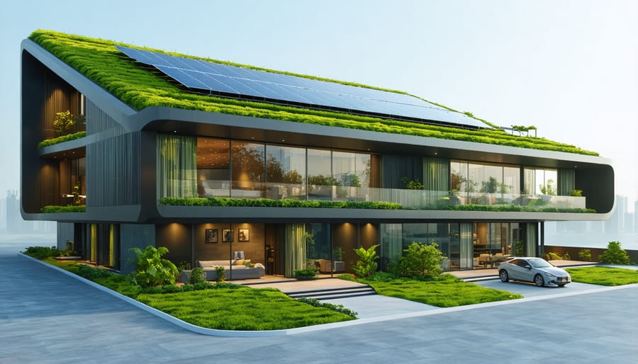 Sustainable architectural design showcasing solar panels, living roof, and passive solar features
