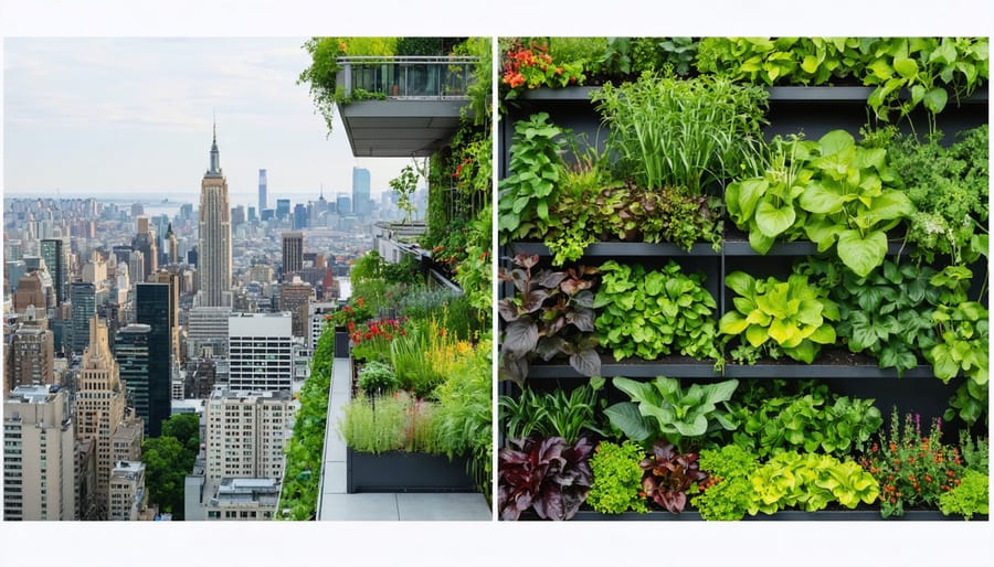 An illustration of a city skyline transitioning into a thriving garden space, showcasing rooftop and balcony gardens alongside vertical planting systems to emphasize urban gardening's role in city environments.