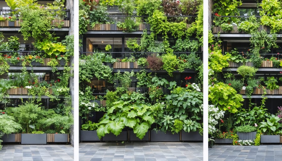 Comparison of rooftop and balcony urban gardens showing container plants and vertical growing systems