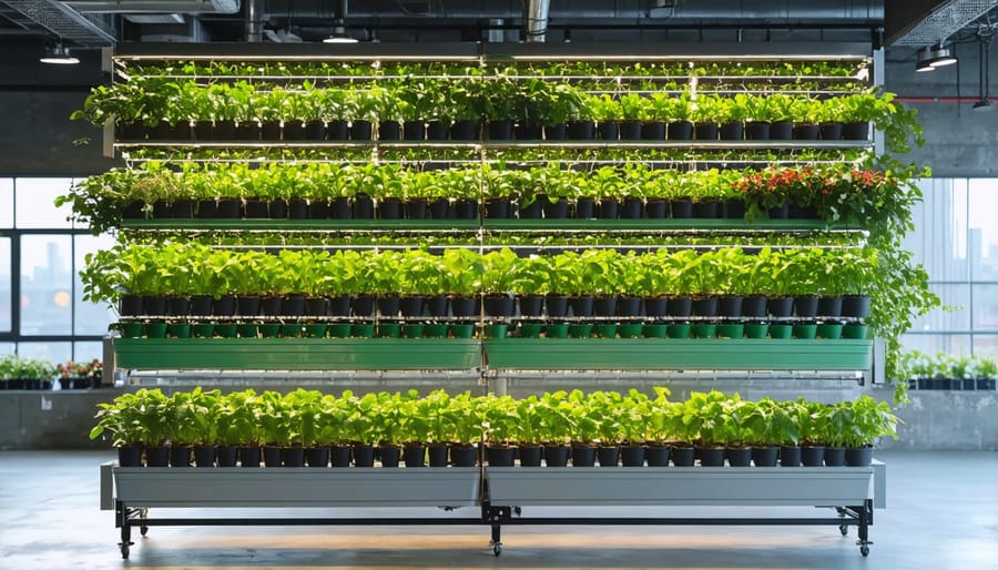 Vertical hydroponic growing system with multiple levels of leafy greens in an industrial urban setting