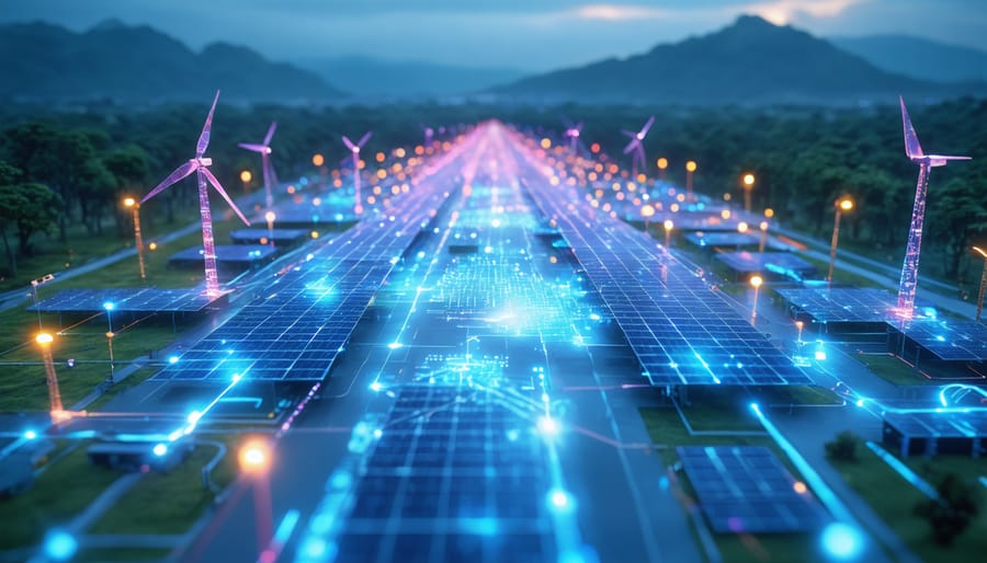 Conceptual illustration of a 5G digital twin power grid with 3D holographic elements representing renewable energy sources and real-time data streams.