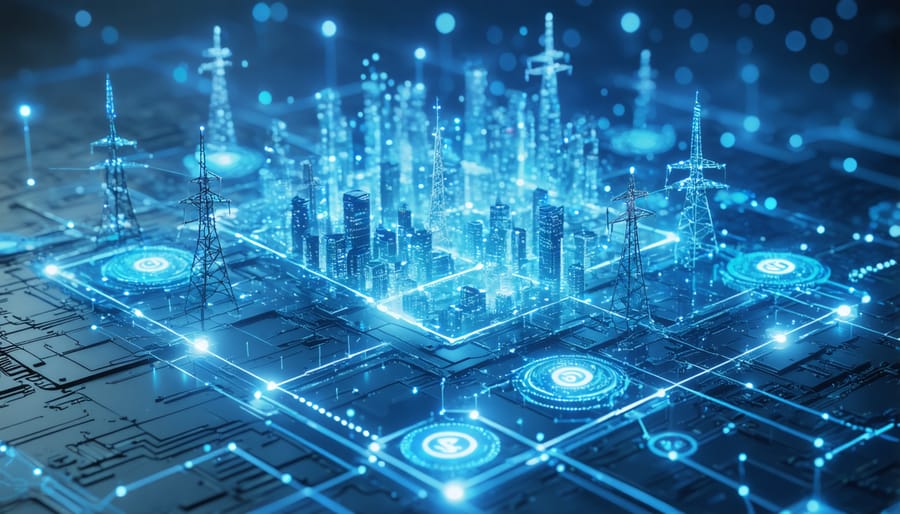 Interactive 3D model showing power grid digital twin with live monitoring data and 5G network connections