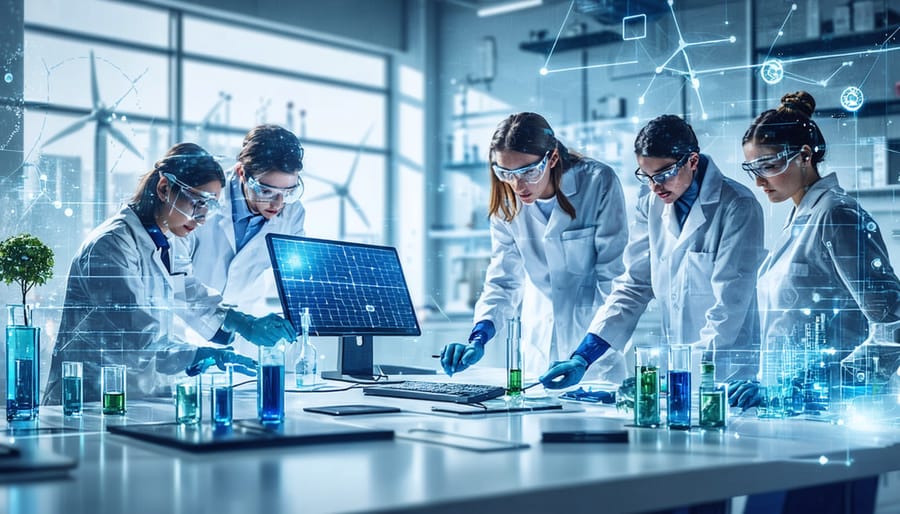 Researchers and industry experts collaborating in a high-tech laboratory with renewable energy technology, representing academic-industry partnerships driving innovation in Australia's energy sector.