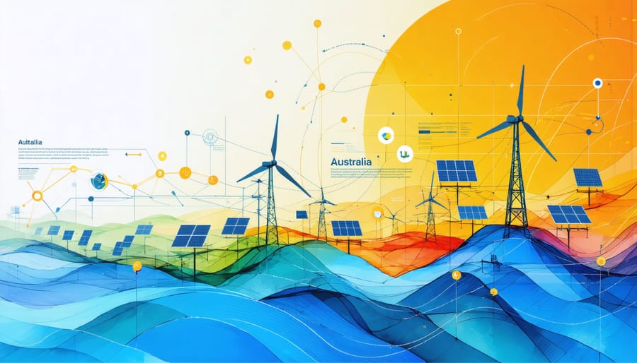 Abstract visual of Australia's power grid showing interconnected solar panels, wind turbines, and bioenergy plants, symbolizing a smart and adaptive energy system.