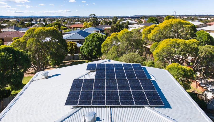 Bird's eye view of Adelaide neighborhood showing widespread solar panel adoption