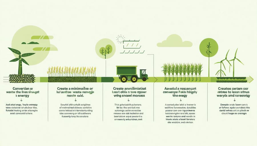 Diagram illustrating the steps of converting farm waste into bioenergy
