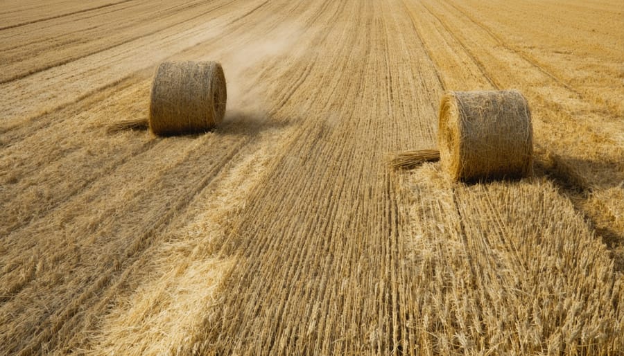 Agricultural biomass in the form of wheat straw bales scattered across a harvested field
