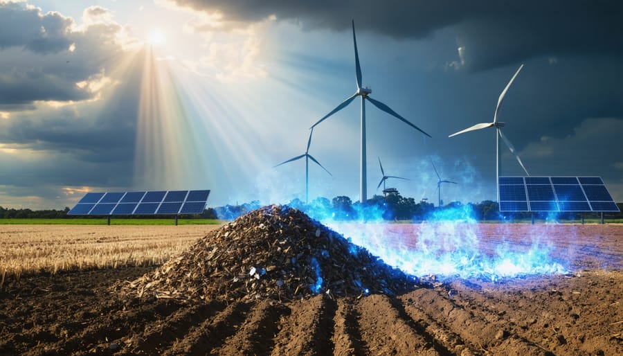 Artistic representation of an Australian farm converting agricultural waste into renewable energy, with waste piles transforming into energy beams and renewable energy infrastructure in the background.