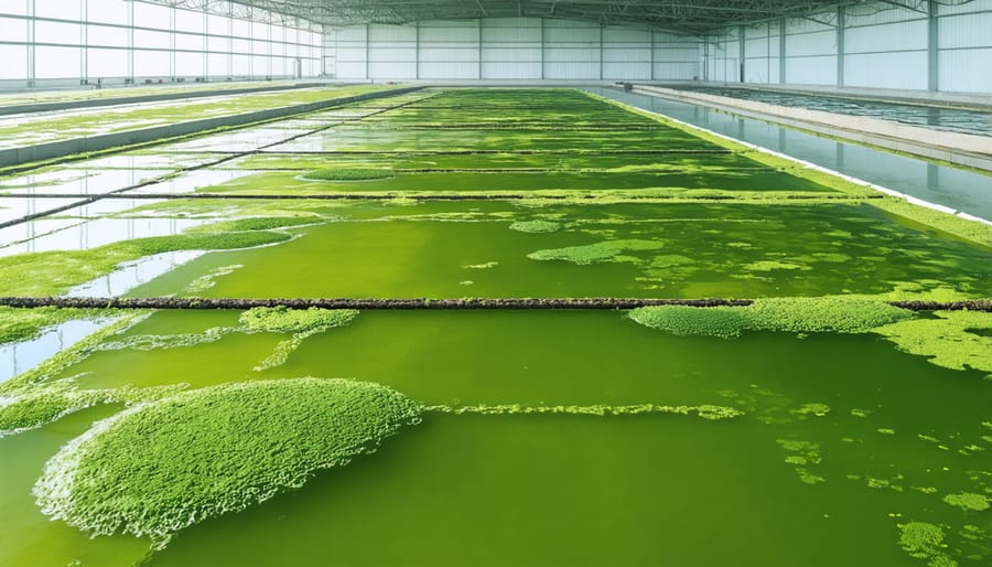 Aerial view of commercial algae cultivation ponds for biofuel production in Australia