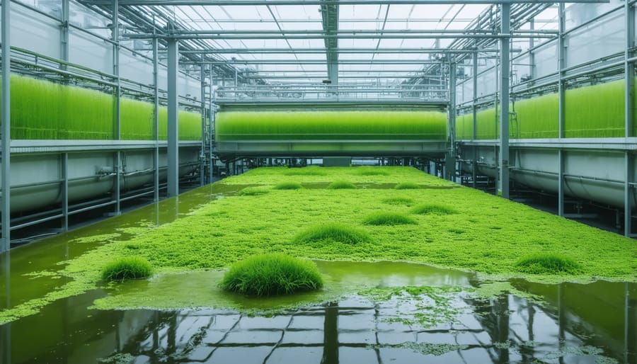 Commercial-scale algae farming system with green photobioreactor tubes