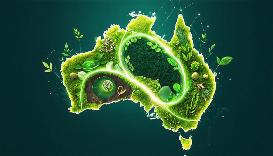Conceptual map of Australia with green biofuel symbols, including leaves and algae patterns, illustrating sustainable energy innovation through biotechnology.