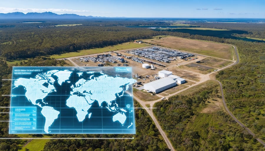 Drone shot of biomass processing facility with digital mapping overlay