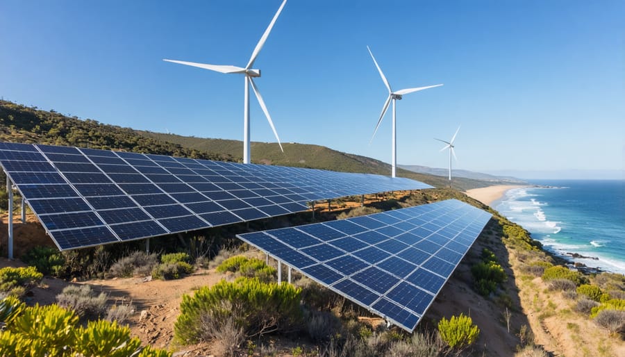 A scenic view of wind turbines and solar panels in Australia, illustrating the nation's shift towards renewable energy and energy security.