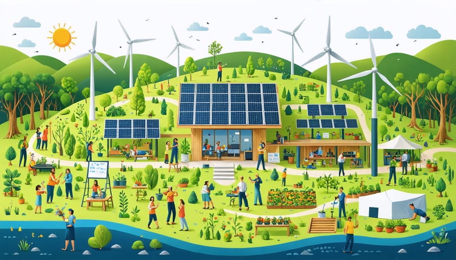Illustration of a community resilience hub in an Australian setting, featuring renewable energy systems like solar panels and wind turbines, with community members actively participating in sustainability and educational activities.