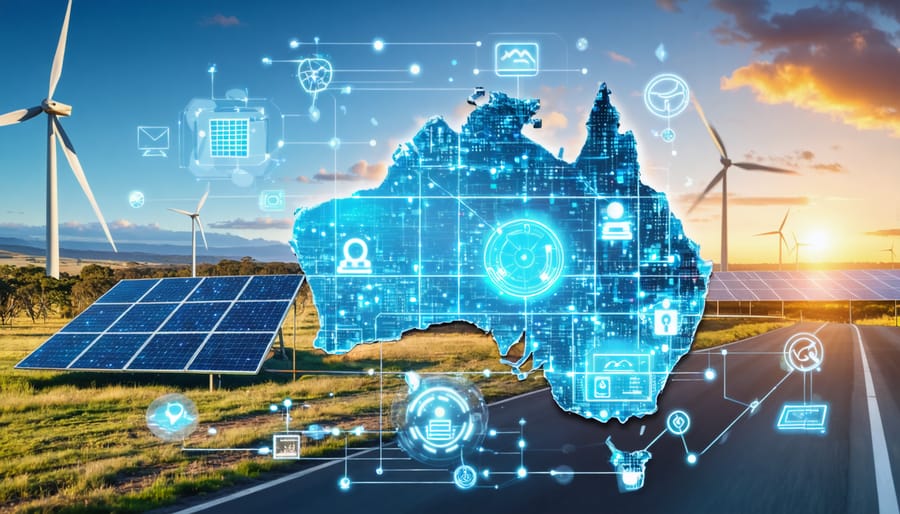A visual representation of digital collaboration in Australia's renewable energy sector, featuring interconnected digital devices and platforms amidst Australian landscapes, including solar farms, bioenergy facilities, and wind turbines.