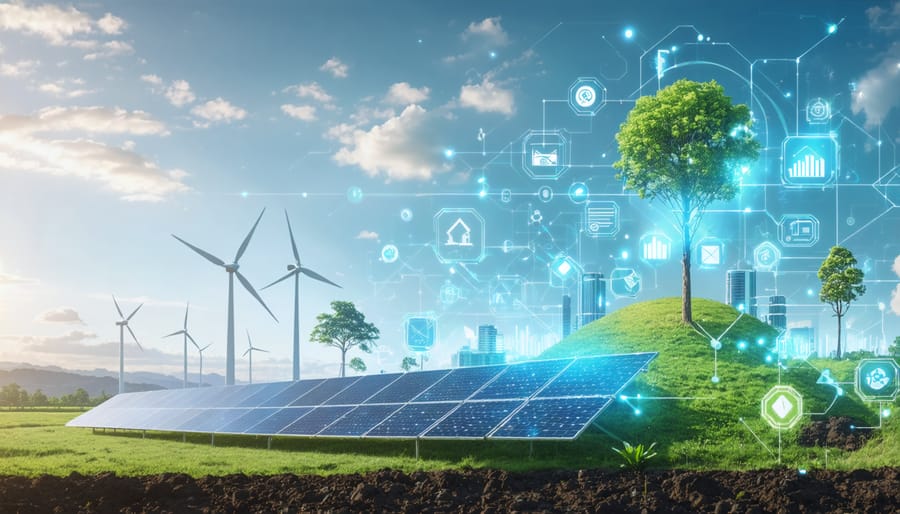 Conceptual illustration of Australia's bioenergy transformation, showcasing renewable energy infrastructure integrated with symbols of policy impact and investment.