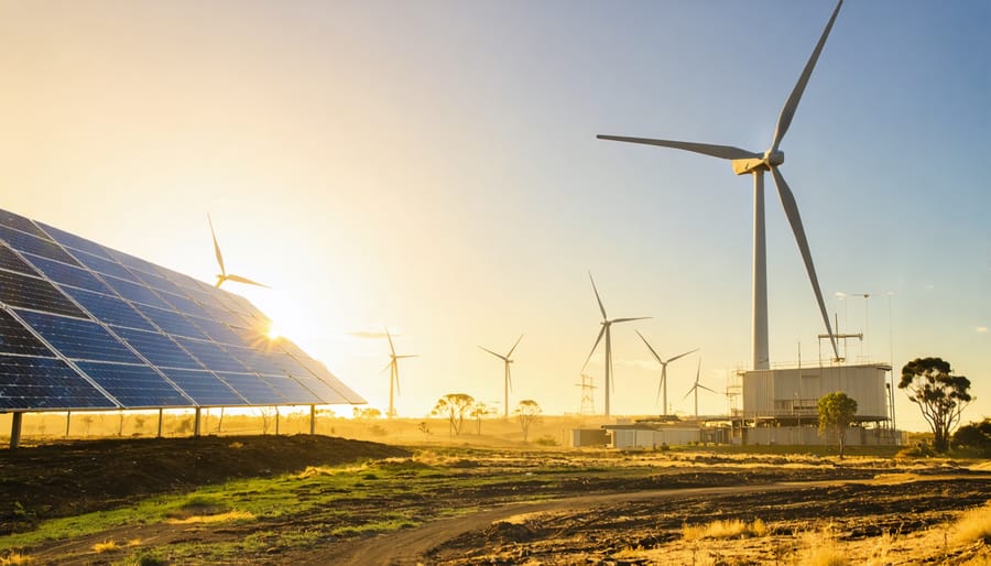 A picturesque Australian landscape featuring solar panels, wind turbines, and a bioenergy plant. A sunrise symbolizes the shift toward renewable energy, supported by community efforts and economic growth.