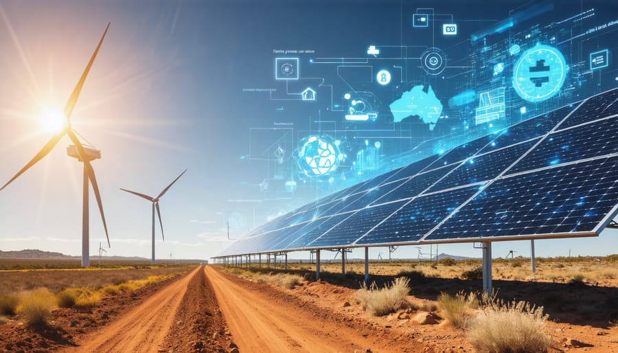 Conceptual image showing the integration of solar panels, wind turbines, and digital finance symbols representing the intersection of renewable energy resources and innovative financial solutions in Australia's energy transition.