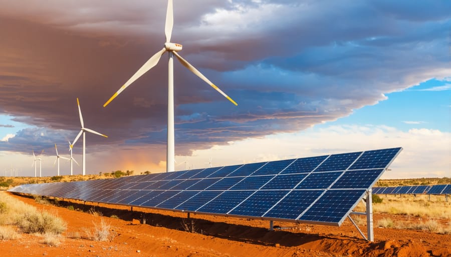Large-scale renewable energy installation featuring solar panels and wind turbines in the Australian landscape