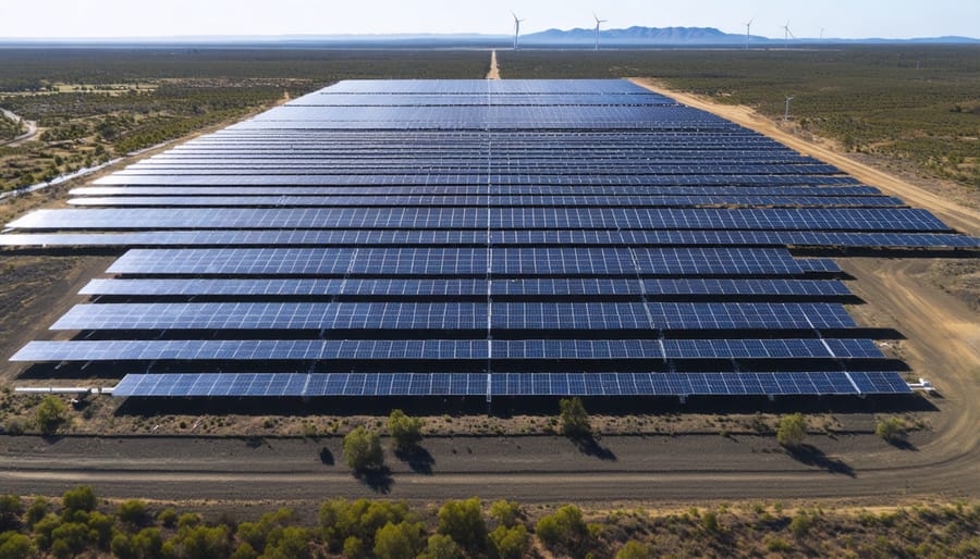 Expansive renewable energy facility showing solar panels and wind turbines in the Australian landscape