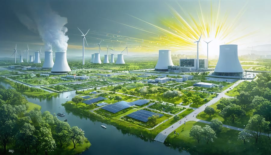 Conceptual illustration depicting a modern Australian landscape where waste-to-energy facilities are turning waste into clean energy. The facilities are shown with vibrant energy rays symbolizing power generation, surrounded by green spaces and urban areas, representing sustainability and community integration.