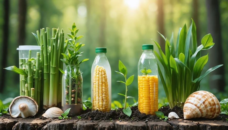 A collection of eco-friendly Australian food packaging made from biodegradable materials such as seaweed, mushroom, sugarcane bagasse, and corn, displayed in a natural setting with green leaves and seashells.