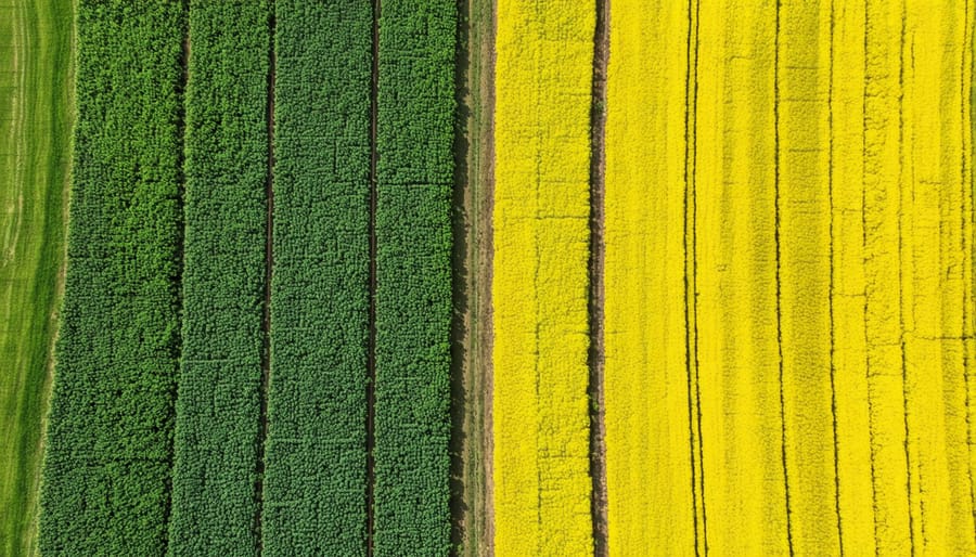 Mixed farming landscape with wheat fields and bright yellow canola crops for biofuel production