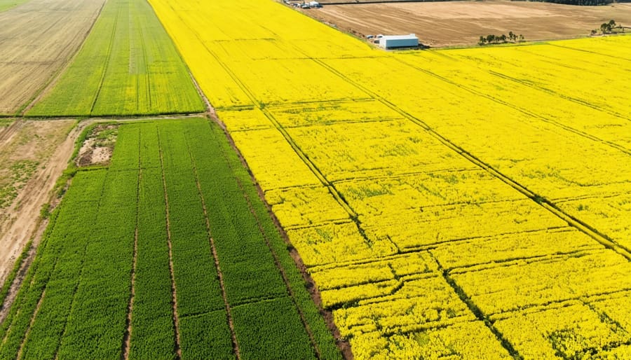Aerial view of an Australian farming landscape featuring golden wheat fields and vibrant canola crops interspersed with modern biofuel refinery infrastructure, symbolizing the economic and environmental transformation through biofuel production.