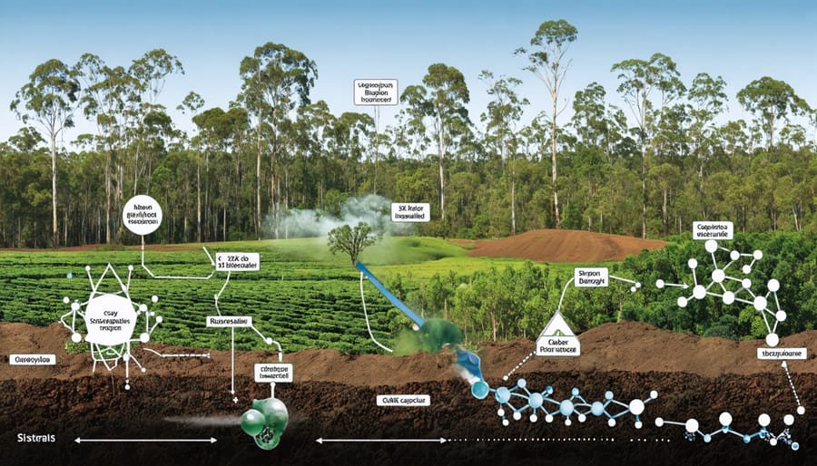 An artistic depiction of biomass carbon storage in Australia, featuring eucalyptus forests and sugarcane fields with biochar and biofuel elements symbolizing carbon capture and renewable energy.