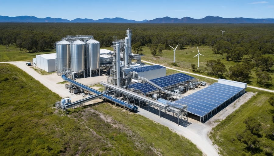 "Aerial view of a modern biomass processing facility in Australia, showcasing storage silos and conveyor systems nestled within a green landscape, symbolizing the fusion of nature and renewable energy technologies."