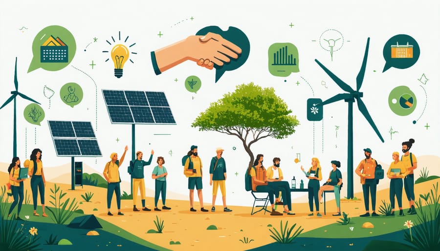 Illustration of an Australian community using solar panels and wind turbines, with community members collaborating, emphasizing local leadership in energy transition.