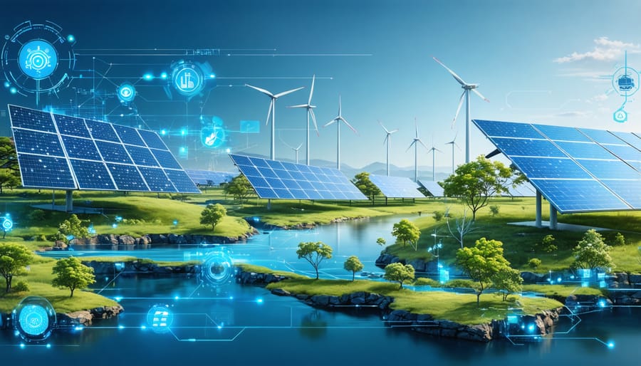 A conceptual illustration of Australia's renewable energy future, highlighting smart technology such as AI, blockchain, and IoT integrated with solar panels, wind turbines, and bioenergy facilities in a technologically interconnected landscape.