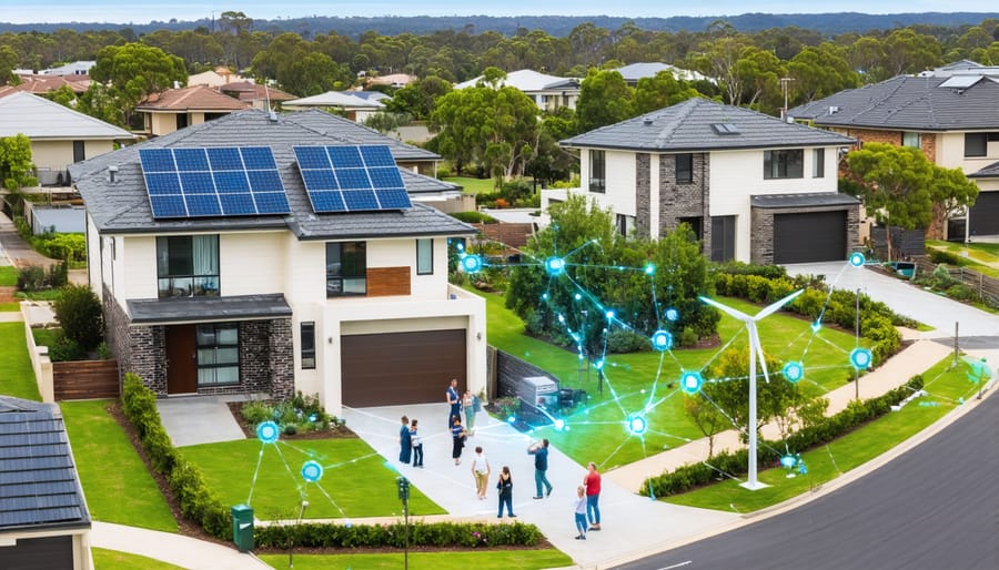 Illustration of an Australian neighborhood with solar panel rooftops and wind turbine, showing community members engaged in renewable energy discussions with interconnected digital grid lines.
